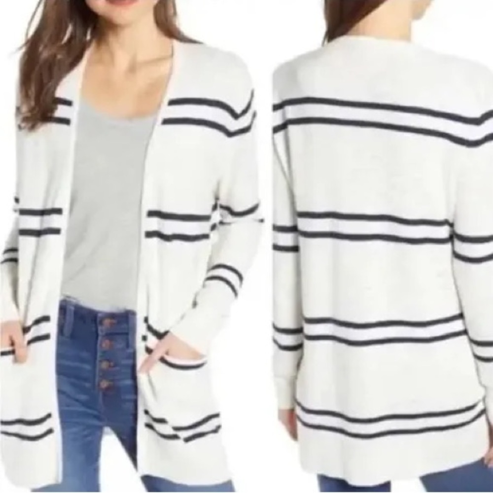 Madewell Long Open Front Cardigan Striped Textured Ivory Navy Size S